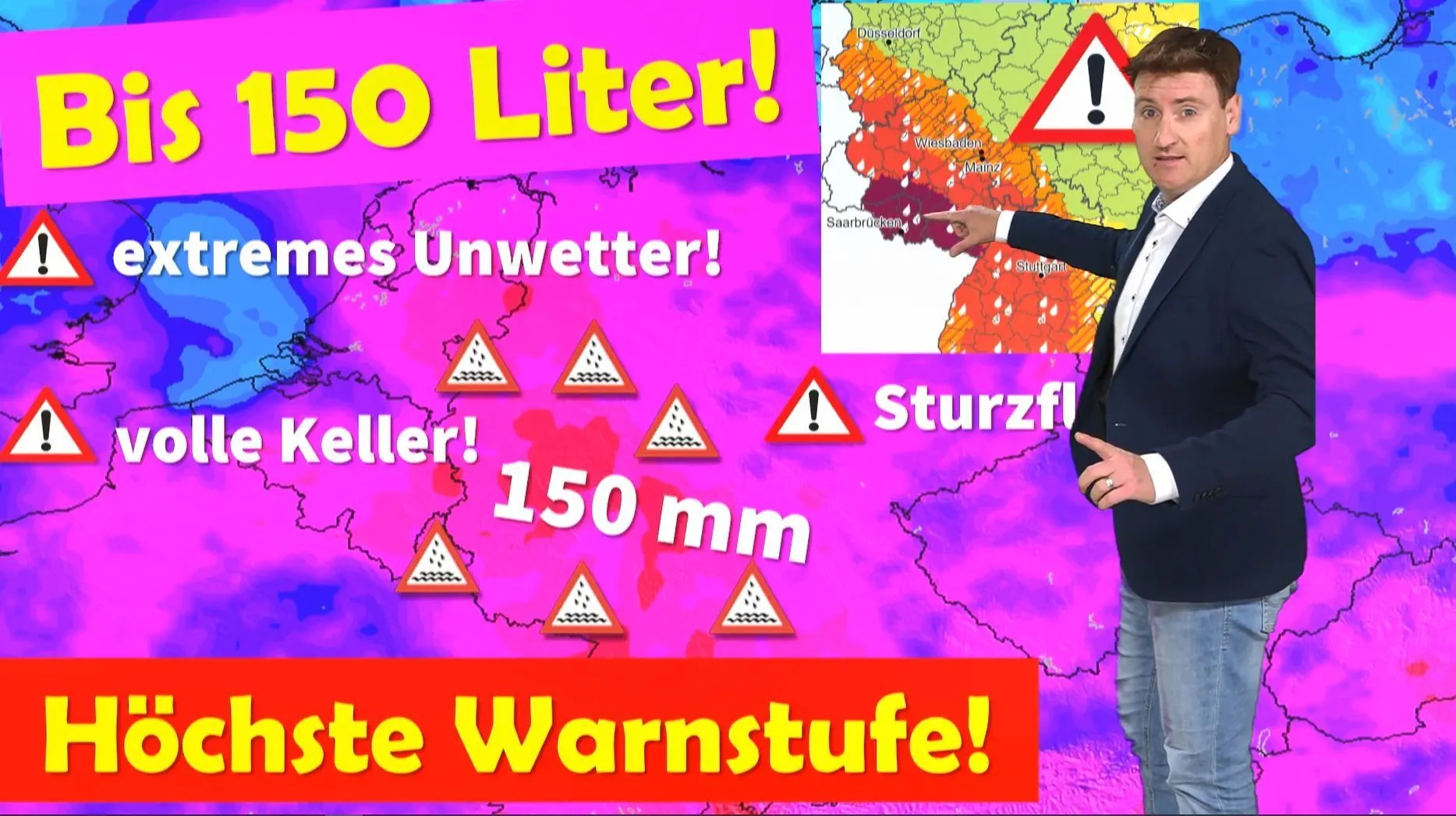 Der Deutsche Wetterdienst ruft die höchste Warnstufe LILA aus: Extremes Unwetter! Erinnerungen an die Ahrtal-Flut werden wach!