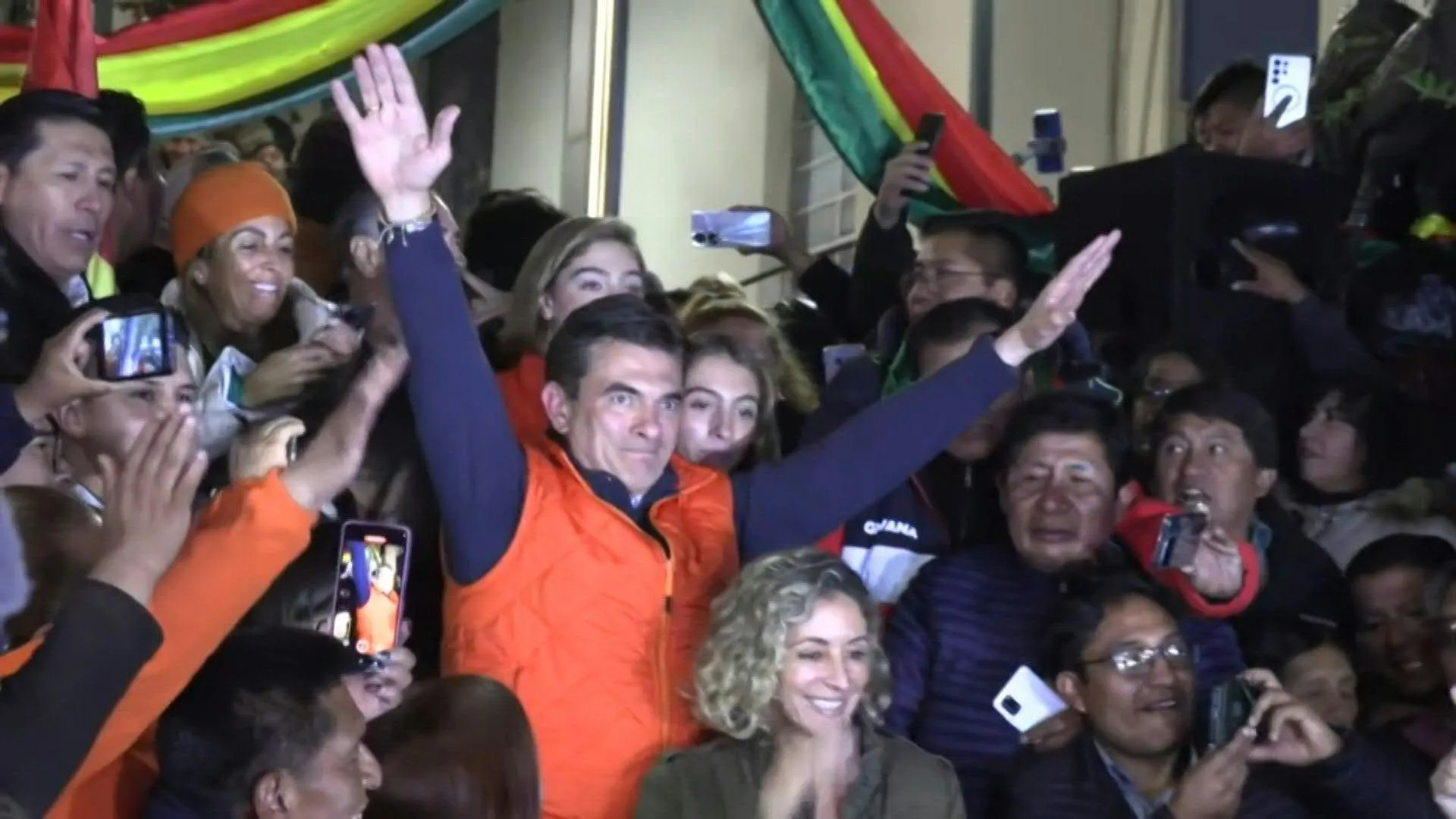 Bolivia's presidential candidate Rodrigo Paz greets supporters after first round
