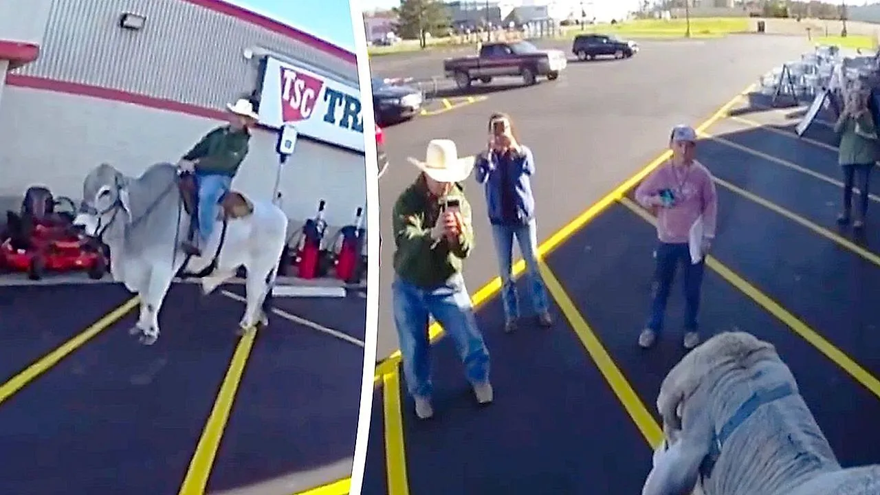 Офицер находит мужчину, катающегося на быке у Walmart в Огайо, присоединяется к нему для фото