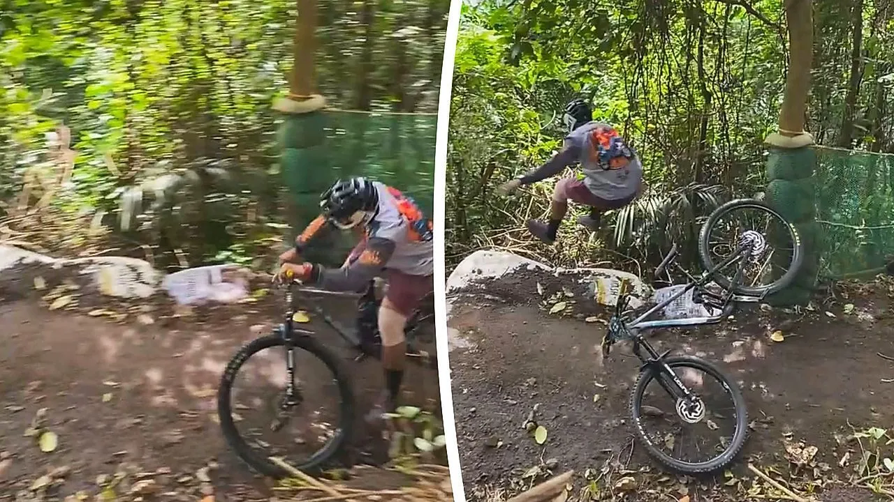 Mountain biker 'ejects' out of seat while riding down mountain trail