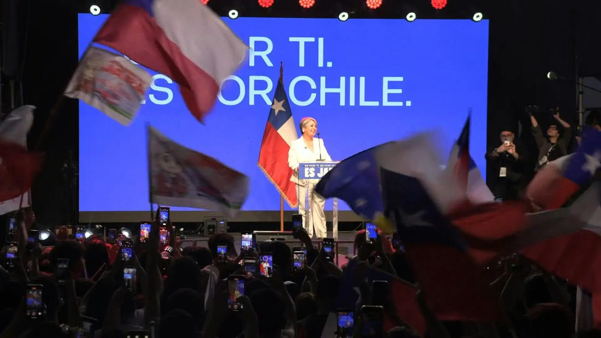 Leftist former labor minister Jeannette Jara greets supporters in Santiago after vote