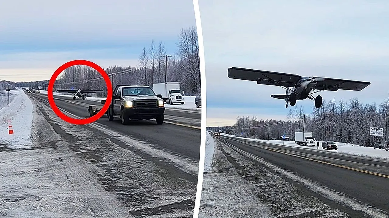 Goście spokojnie startują z autostrady w Alasce samolotem po przerwie na brunch