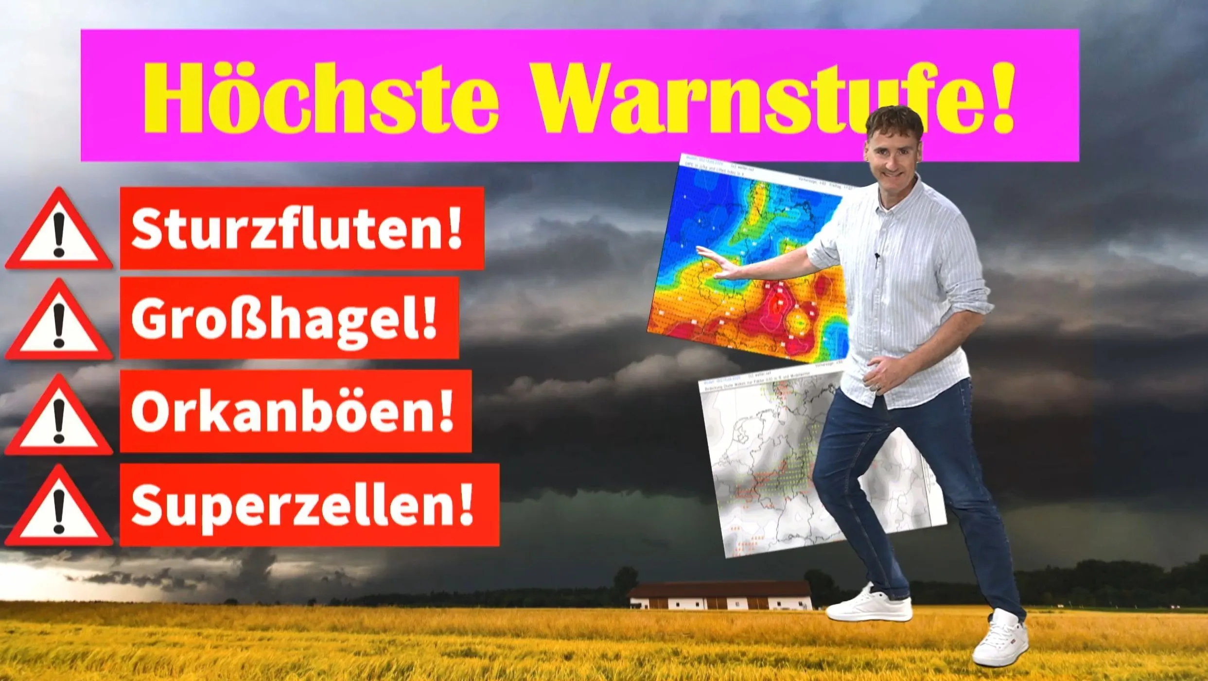 Höchste Warnstufe LILA: Schwergewitterlage durch Superzellen! Großhagel und Sturmböen!
