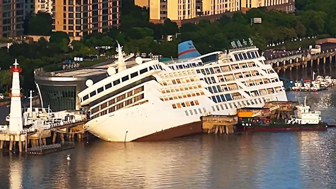 Stillgelegtes Kreuzfahrtschiff kentert bei Flut an chinesischer Uferpromenade