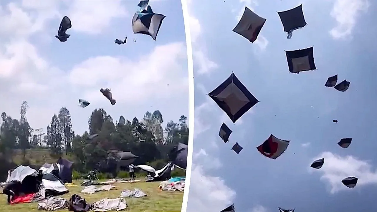 Dezenas de tendas voam como balões de ar quente ao atingir um redemoinho o acampamento do vulcão