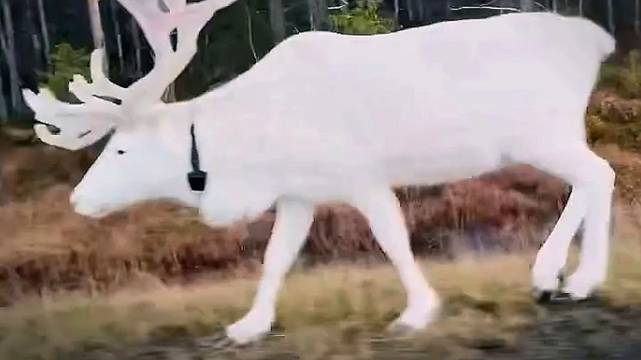 Ghostly white reindeer appears on Finland road in an ethereal moment