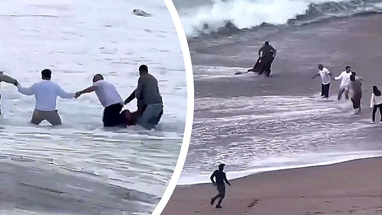 Beachgoers form ten-person human chain to pull woman swept out to sea